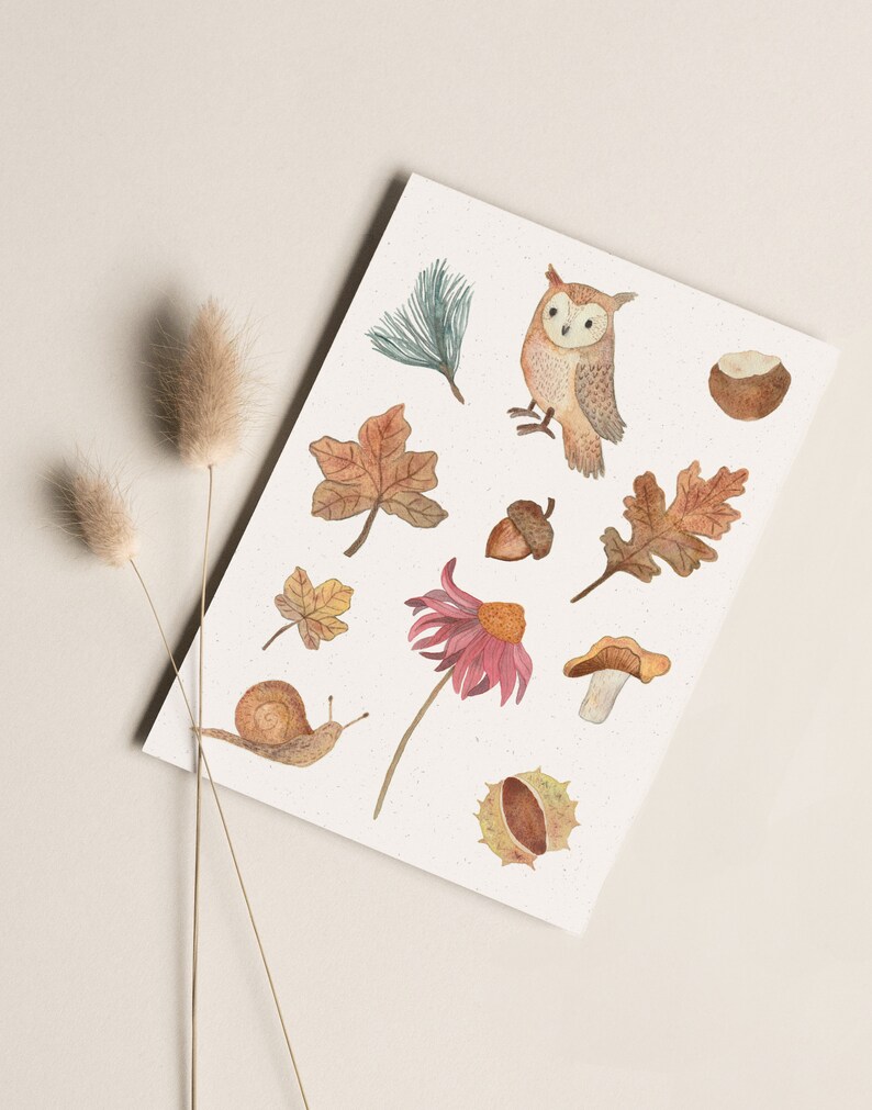 Carte postale « Amour d'automne » • Aquarelle peinte à la main • Carte de voeux d'anniversaire hibou des forêts Ohne Briefumschlag