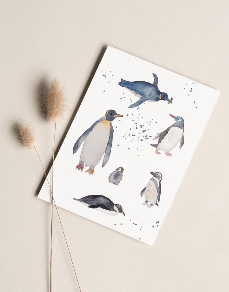 Carte postale « Pingouins » • Aquarelle peinte à la main • Carte de félicitations, carte anniversaire, amour des animaux Ohne Briefumschlag