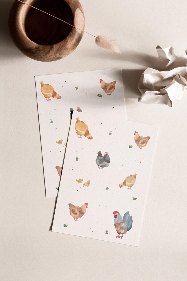 Carte postale « Poulets » • Aquarelle peinte à la main • Carte de vœux de Pâques image 5