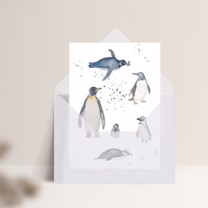 Carte postale « Pingouins » • Aquarelle peinte à la main • Carte de félicitations, carte anniversaire, amour des animaux Mit Umschlag Transp.