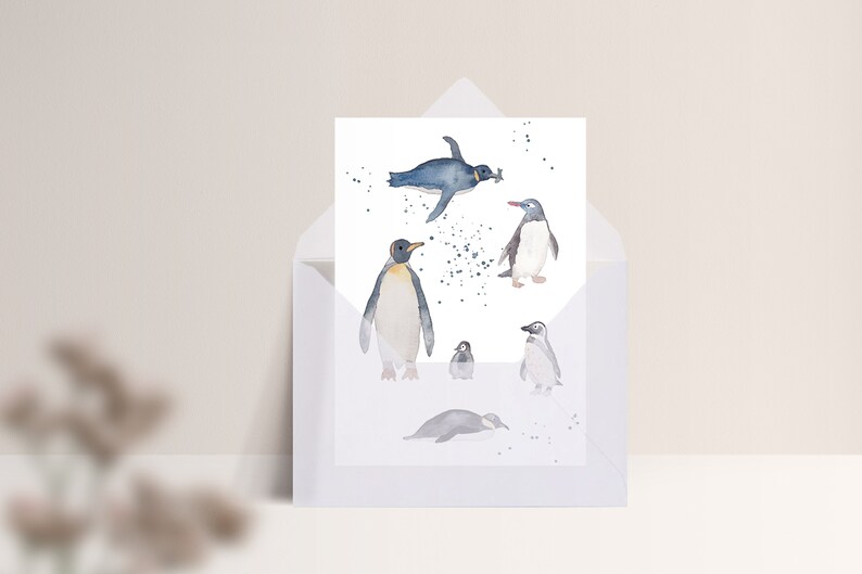 Carte postale « Pingouins » • Aquarelle peinte à la main • Carte de félicitations, carte anniversaire, amour des animaux Mit Umschlag Transp.