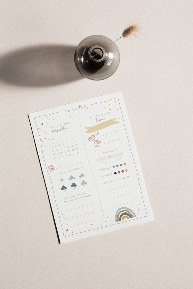 Carte simple « Carte à remplir pour baby shower » • Peinte à la main • Jeu de devinettes arc-en-ciel pour bébé image 2