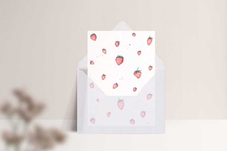 Carte postale « Fraises » • Aquarelle peinte à la main • Carte de vœux printanière Mit Umschlag Transp.