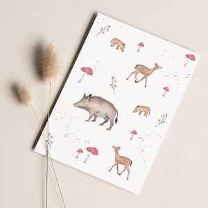 Postkarte „Waldtiere" • Aquarell handgemalt • Karte mit Wildschwein Reh und Fliegenpilz Geburtstag