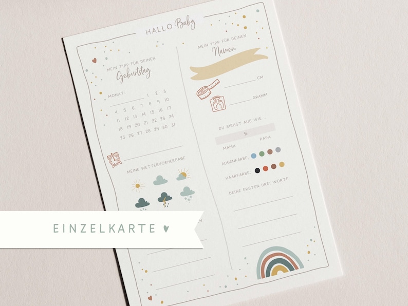 Carte simple « Carte à remplir pour baby shower » • Peinte à la main • Jeu de devinettes arc-en-ciel pour bébé image 1