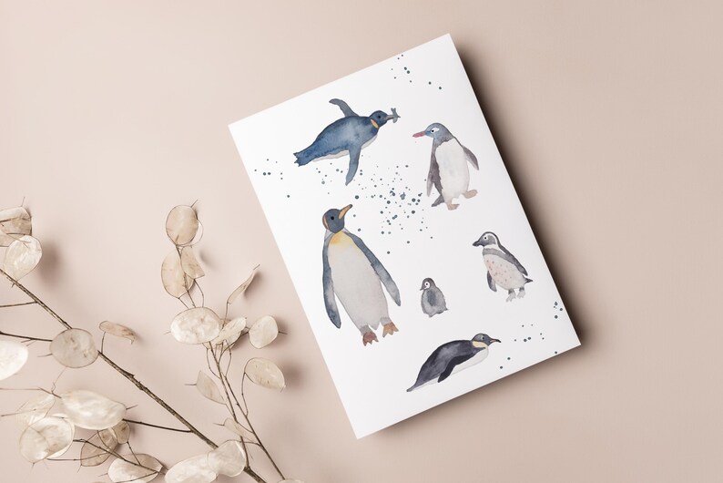 Carte postale « Pingouins » • Aquarelle peinte à la main • Carte de félicitations, carte anniversaire, amour des animaux image 2