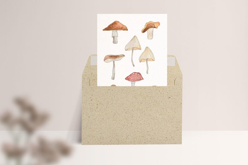 Carte postale « Champignons » • Aquarelle peinte à la main • Carte de voeux d'automne Mit Umschlag Gras