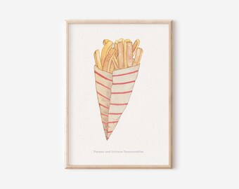 Affiche « Frites » A4 • Aquarelle peinte à la main • Impression d'art photo cadeau fête anniversaire frites rayons de soleil