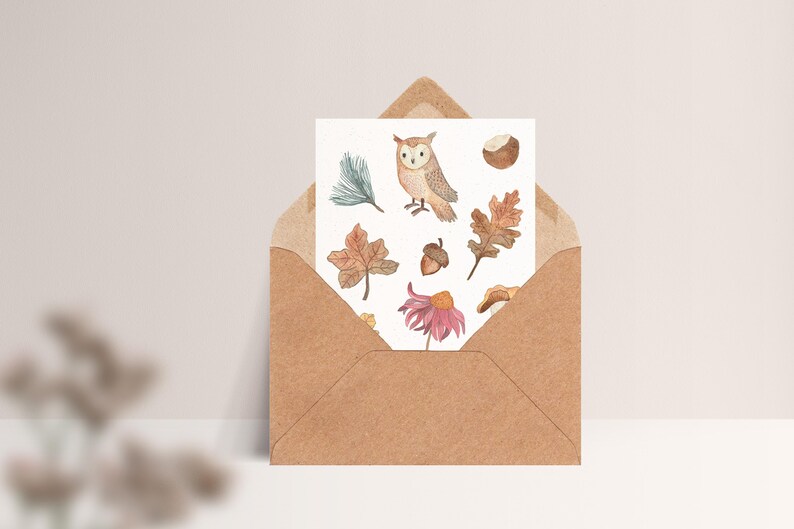 Carte postale « Amour d'automne » • Aquarelle peinte à la main • Carte de voeux d'anniversaire hibou des forêts Mit Umschlag Kraft