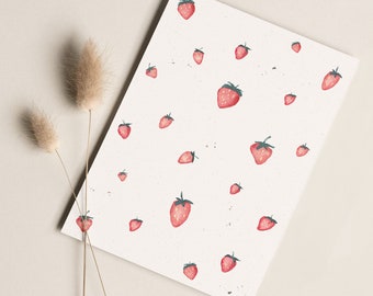 Carte postale « Fraises » • Aquarelle peinte à la main • Carte de vœux printanière