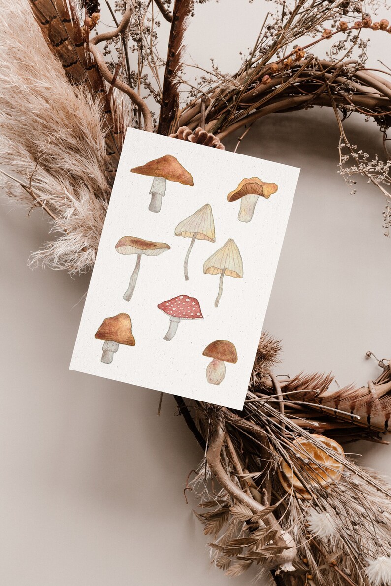 Carte postale « Champignons » • Aquarelle peinte à la main • Carte de voeux d'automne image 1