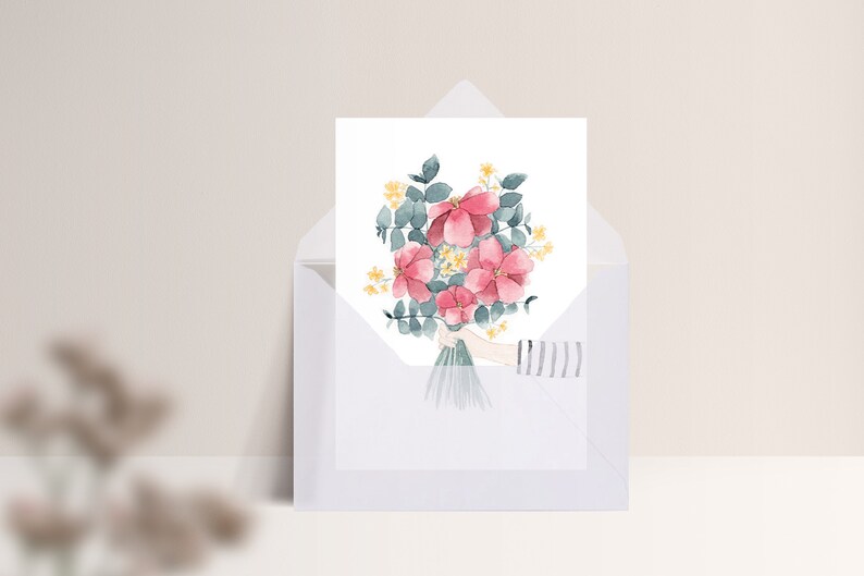 Carte postale « Bouquet de Fleurs » • Aquarelle peinte à la main • Carte de voeux fête des mères Mit Umschlag Transp.