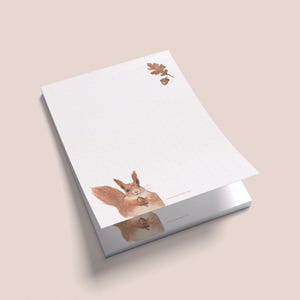 Könnte beinhalten: Ein Stapel weißes Notizblockpapiers mit einer Illustration eines roten Eichhörnchens und einer Eichel auf dem oberen Blatt.