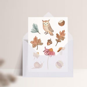 Carte postale « Amour d'automne » • Aquarelle peinte à la main • Carte de voeux d'anniversaire hibou des forêts Mit Umschlag Transp.