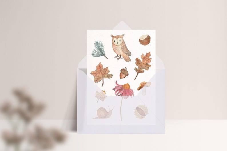 Carte postale « Amour d'automne » • Aquarelle peinte à la main • Carte de voeux d'anniversaire hibou des forêts Mit Umschlag Transp.