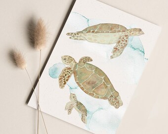 Carte postale « Tortues de mer » • Aquarelle peinte à la main • Carte de vœux Anniversaire Tortues