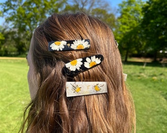 Daisy Resin Hair clip real dried flowers daisy black accessories Nature Floral botanical chunky barrette spring summer boho hippie vintage