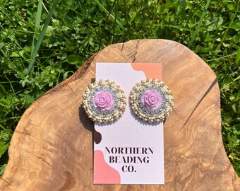 Rose Bloom - Indigenous Beaded Round Stud Earrings