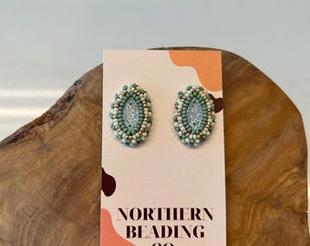 Indigenous Native Handmade Beaded Sage Green Oval Earrings - Eucalyptus