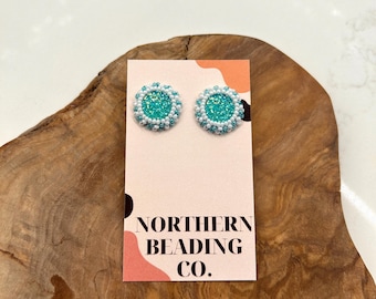 Teal Indigenous Native Handmade Beaded Round Earrings (Medium)