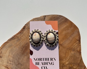Espresso - Indigenous Handmade Beaded Oval Earrings - Stainless Steel Studs