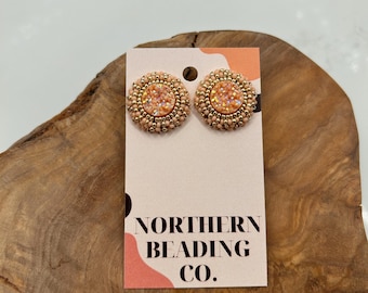 Indigenous Native Handmade Beaded Round Peach Geode Earrings