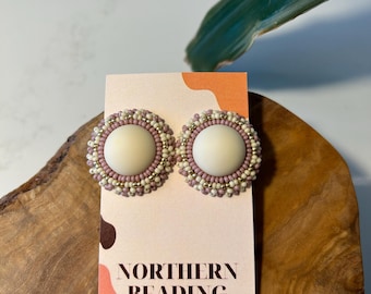 Matte Violet - Indigenous Handmade Beaded Round Earrings - Stainless Steel Studs