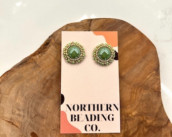 Green Pearl- Indigenous Native Handmade Beaded Round Earrings (Medium)