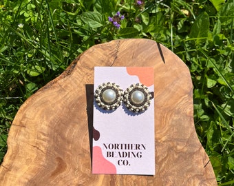 Grey Mist - Indigenous Beaded Round Earrings - Stainless Steel Studs