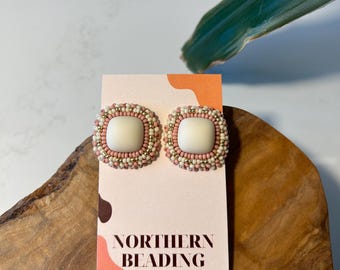 Matte Pink - Indigenous Handmade Beaded Square Earrings - Stainless Steel Studs