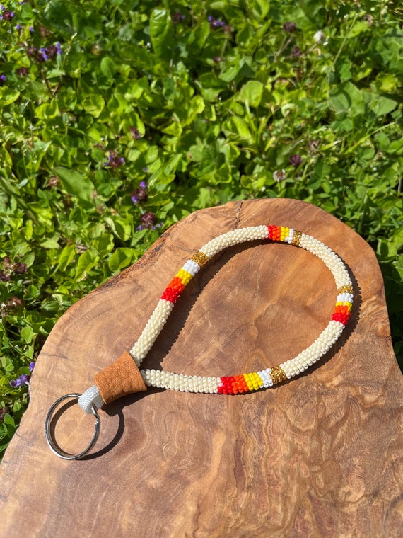 Cream - Indigenous Beaded Wristlet/Lanyard/Keychain