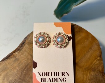Matte Pink - Indigenous Handmade Beaded Small Round Earrings - Stainless Steel Studs