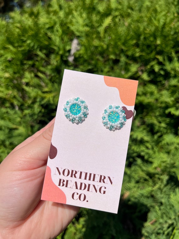 Glacier Blue - Indigenous Beaded Round Earrings - Stainless Steel Studs