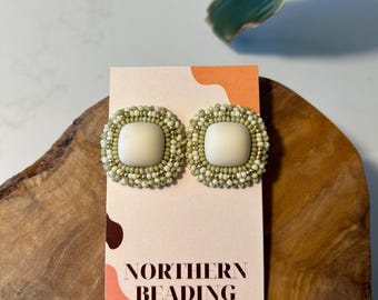 Sage - Indigenous Handmade Beaded Square Earrings - Stainless Steel Studs