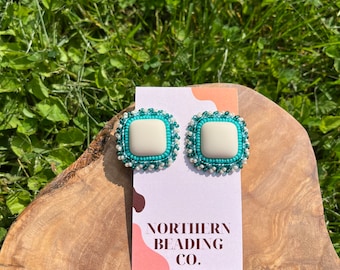 Teal Cream - Handmade Indigenous Beaded Earrings - Stainless Steel Studs