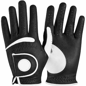 Puede incluir: Un par de guantes de golf negros con detalles blancos. Los guantes presentan un parche blanco en la palma y un diseño blanco en el dorso de la mano. Pequeñas perforaciones son visibles en los dedos para la transpiración. Diseñados para un agarre cómodo.