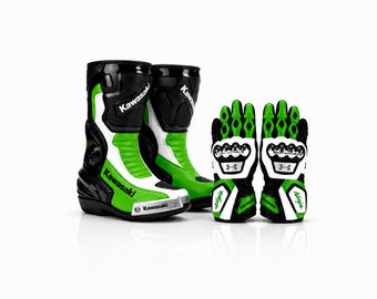 Buty i rękawice motocyklowe Kawasaki Racing Premium – ręcznie robione, skórzane buty motocyklowe MotoGP | Wydajne obuwie ochronne dla motocyklistów