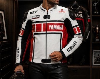 Veste de moto de course Yamaha Hommes | Veste d'équitation en cuir de vachette de qualité supérieure avec protections certifiées | Équipement de protection pour motard