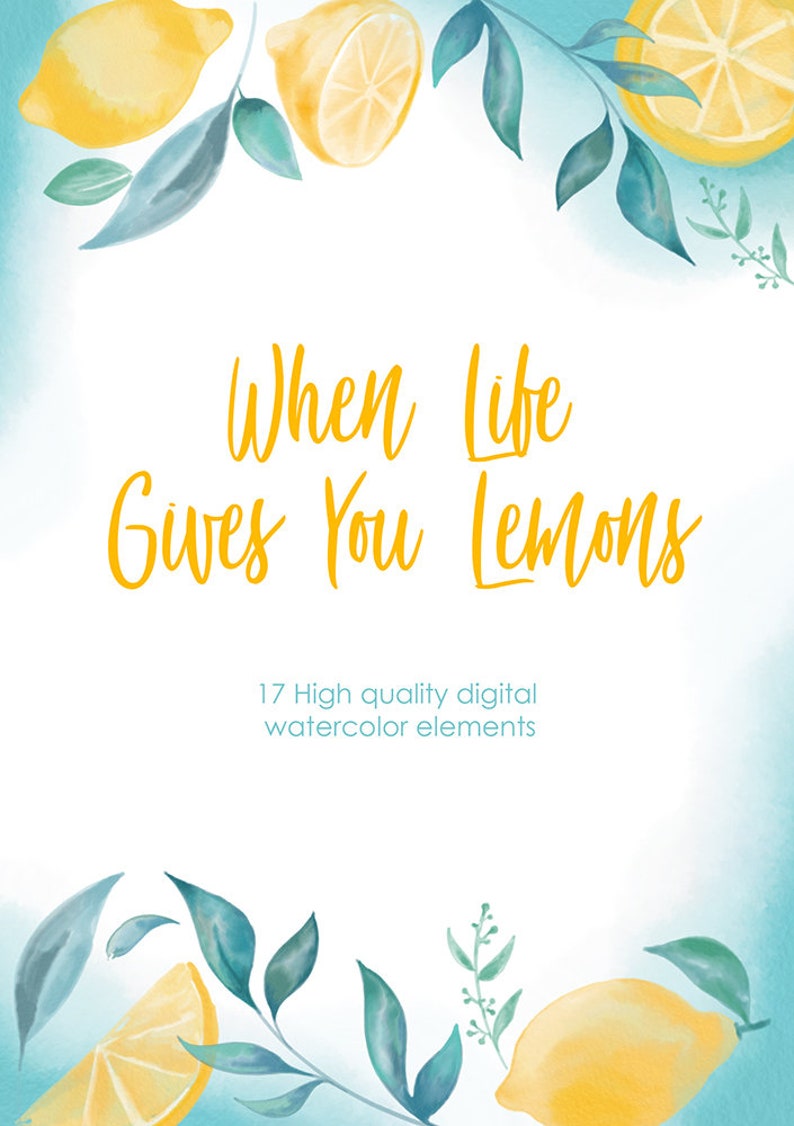 bridal invitations wedding Hand Painted Digital Lemon Watercolor Clipart tropical pastel teal citrus fruit green yellow