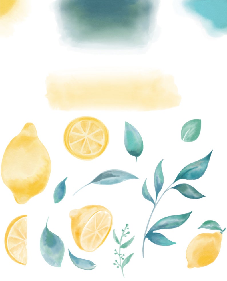 bridal invitations wedding Hand Painted Digital Lemon Watercolor Clipart tropical pastel teal citrus fruit green yellow