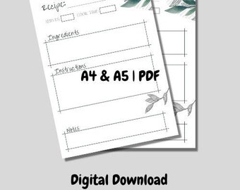 Printable Recipe Page Template for Recipes Binder | Download PDF | A4 & A5 size included