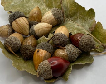 Set of 8 Turned Wood Acorns, Natural Caps, Miniature Ornaments