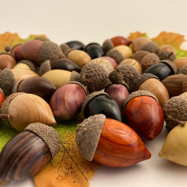 Wood Turned Acorn Selections, Eight Turned Acorns Random Wood, 5th Anniversary Gift, Squirrels Hoard.