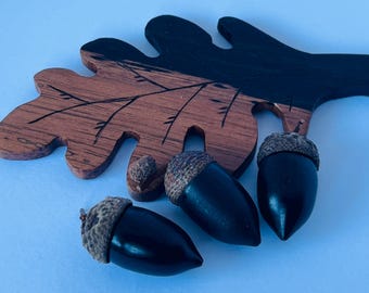 Ebony Leaf and Acorns Set: 5th Anniversary Wood Gift
