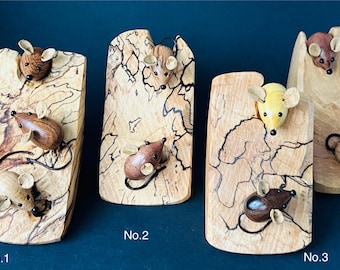 Wooden Miniature Ornament, Turned Mice on Wood Block, House Warming Gift