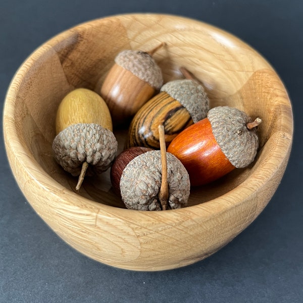 Recycled Oak Worktop, Wood Turned Bowl of Acorns, House Warming Gift, Rare Woods