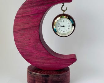 Handmade Purple Heart Moon Clock, Miniature Desk Clock