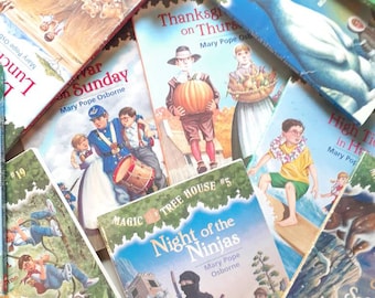 May include: A stack of colorful children's books with various titles, including "War on Sunday", "Thanksgiving on Thursday", "Night of the Ninjas", and "High Tide in Hudson Bay". The books feature illustrations of children, animals, and landscapes.
