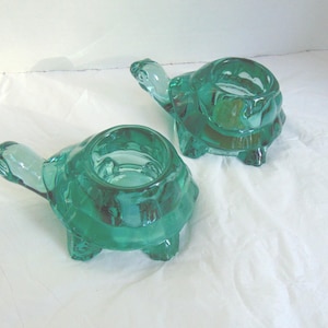 Indiana Glass Spanish Verde Green Turtles Votive Candleholders Vintage 1970&#39;s Set of 2