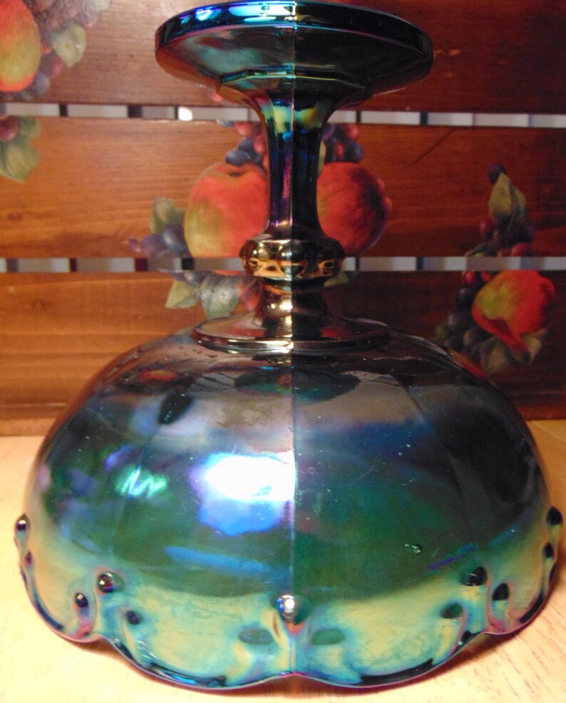 Vintage Large Indiana CARNIVAL GLASS Blue COMPOTE with Teardrop Pattern Purple Blue Green Shades Candy Dish Centerpiece Bowl